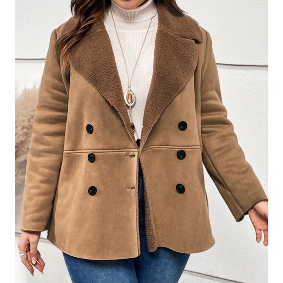 Jackets & Blazers - Plus Brown Khaki Teddy Lined button Jacket Coat